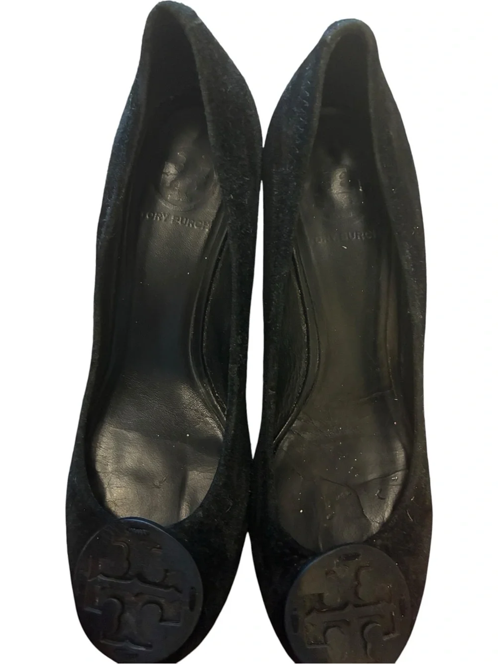 Tory Burch Black Suede Wedge with Logo Medallion Size 8